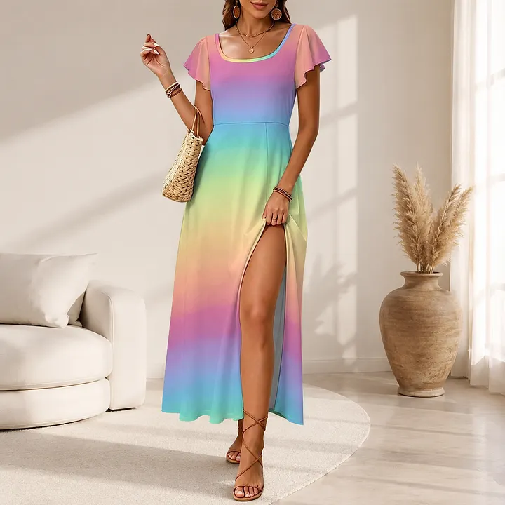 pastel beach dresses SFneewho® Women Maxi Rainbow Ombre Orange Blue Yellow Striped Gradient Boho Split Sundress Cap Sleeve Flowy Dress a garden party Primary color:Gold Silver Lace Black Feather #hasen-tan-leather