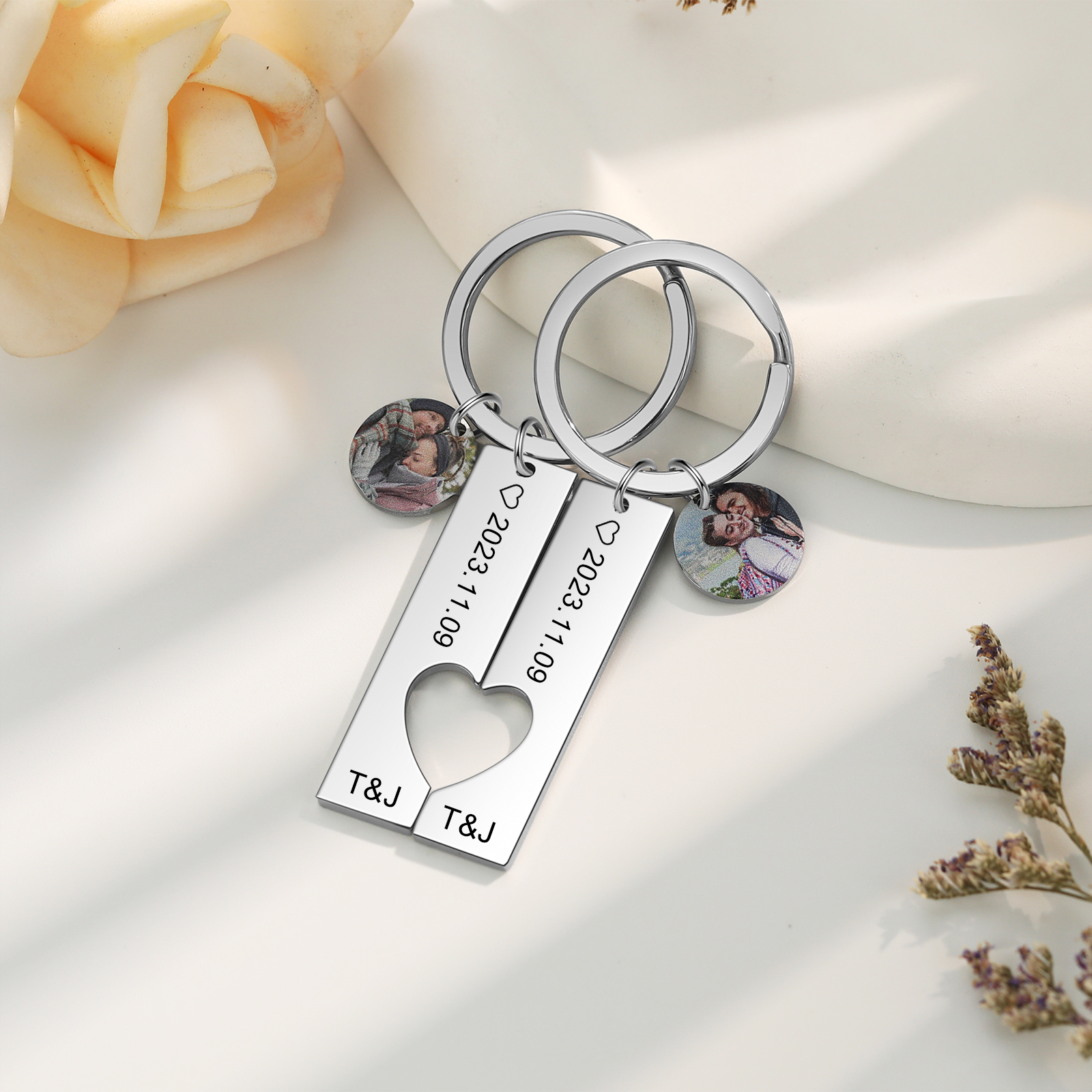 Personalised Couple Keychain Custom 2 Names & 2 Dates & 2 Photos Keyring Matching Couple Gifts Valentine's Day Gift for Him/Her-Jessemade AU