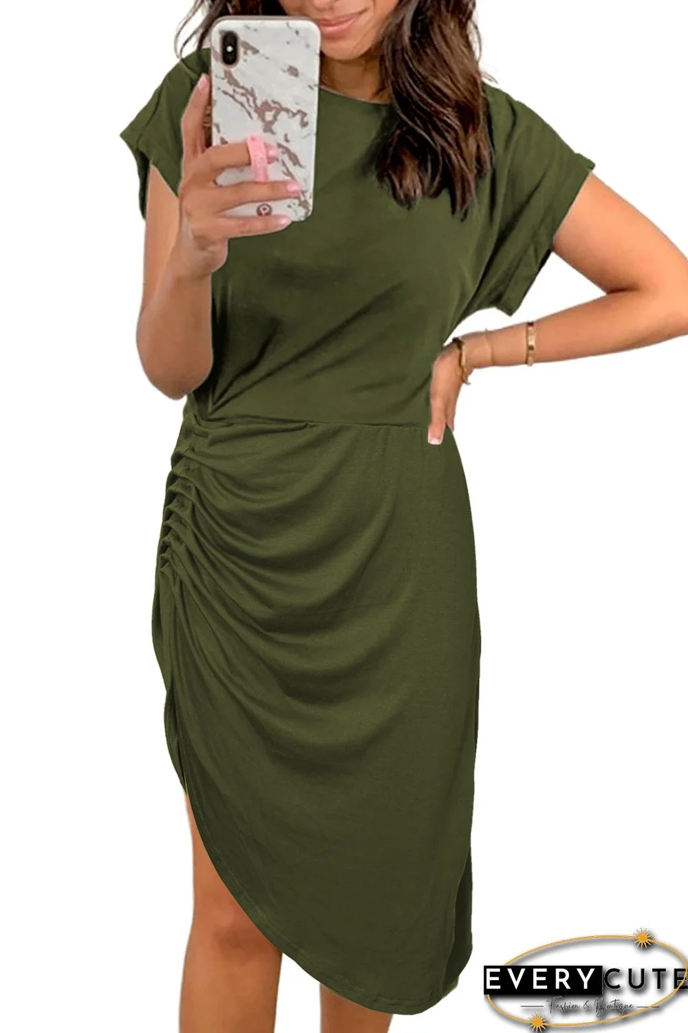 Green Side Shirring Short Sleeve Mini Dress