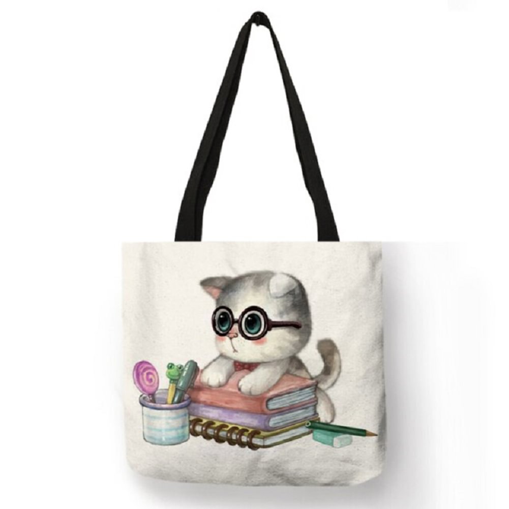 Linen Tote Bag - Glasses Cat