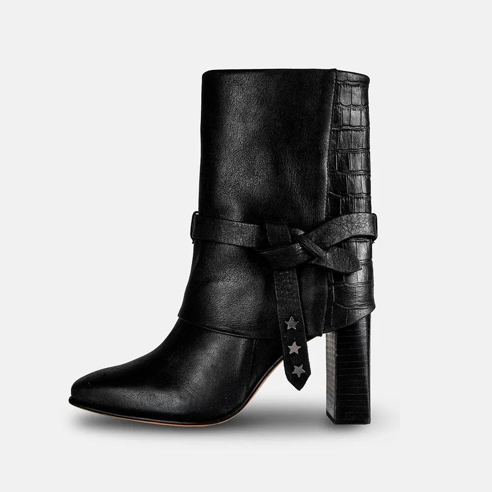 Black Crocodile Print Square Toe Studded Side Zipper Fall Boots Women