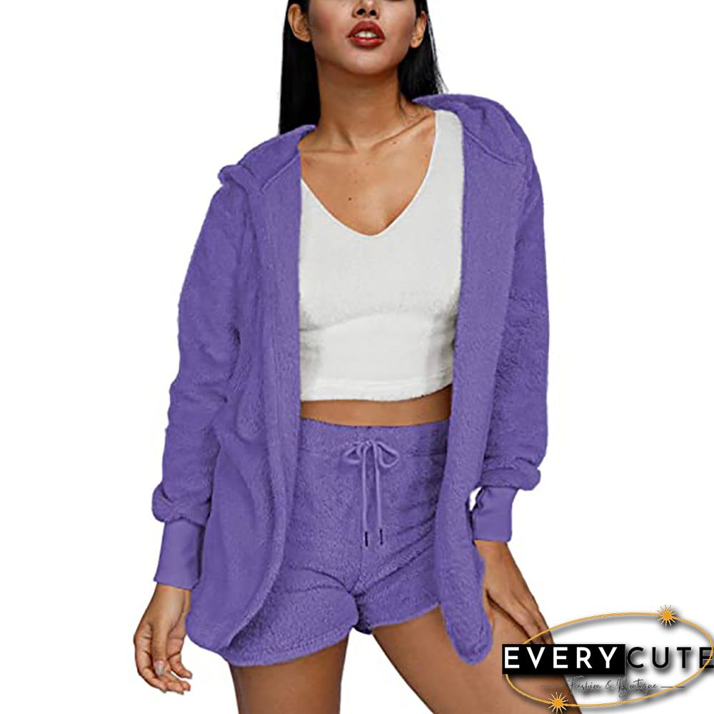 Purple Plush Hoodie with Shorts and White Vest 3pcs Set