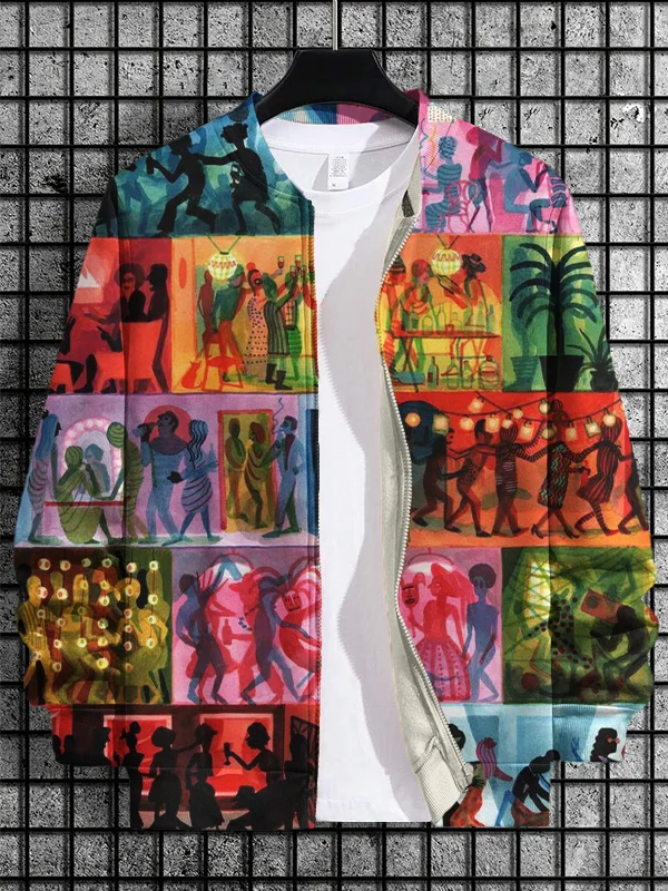 Men's Vintage Tribe Party Print Casual Zip Up Jacket