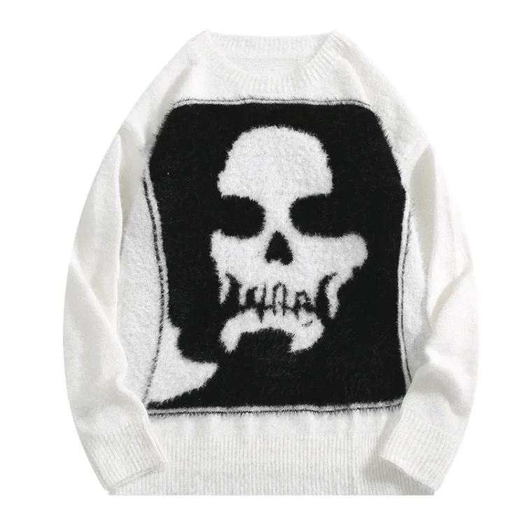 Demandernyc Men's Trendy Personality Dark Style Skull Mink Sweaters Autumn Winter Hong Kong Style Retro Niche Design Loose Casual Knitwear