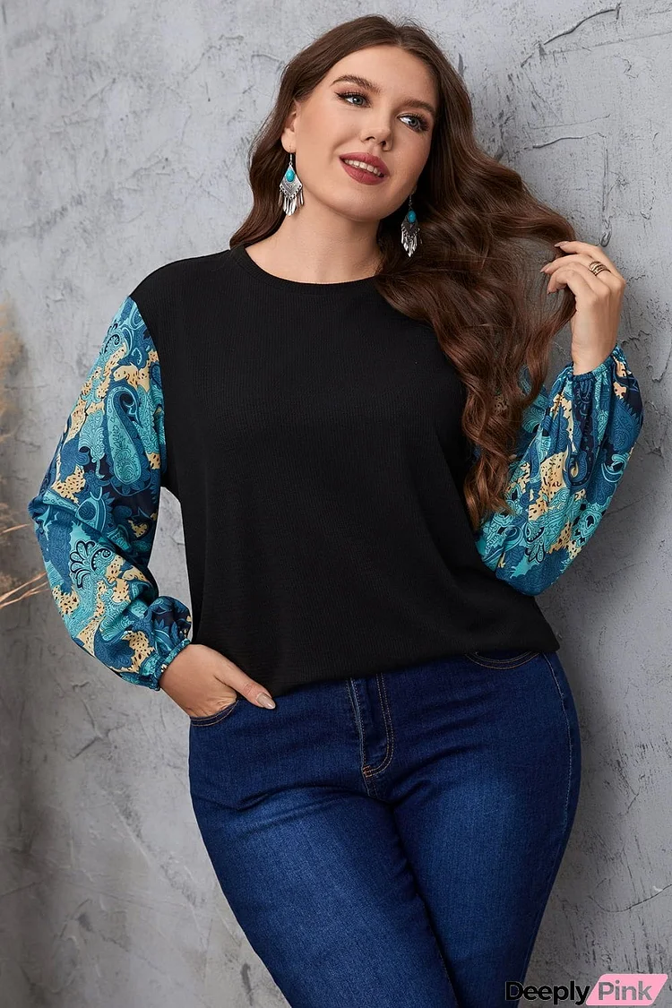 Plus Size Printed Sleeve Round Neck Blouse