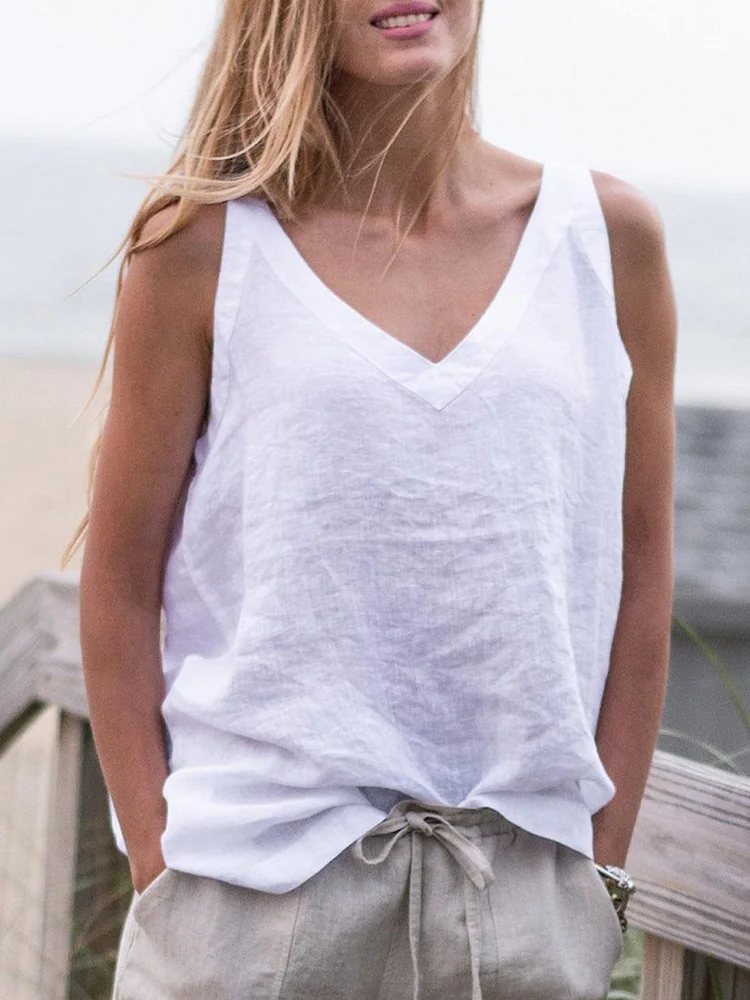Women's Simple Solid Color Linen V-Neck Tank Top