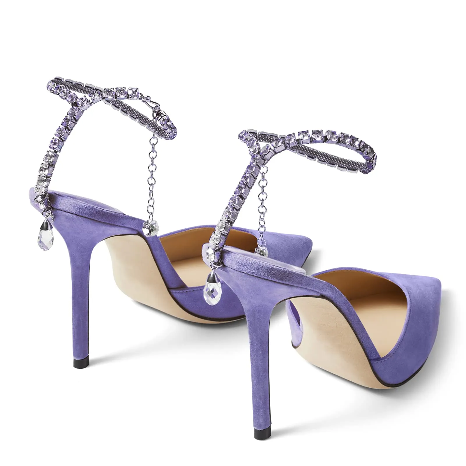 100mm Women's Sandals Crystal Chain Rhinestone Embellished Strap Suede Pumps Pointy Stilettos Backless Shoes-vocosishoes