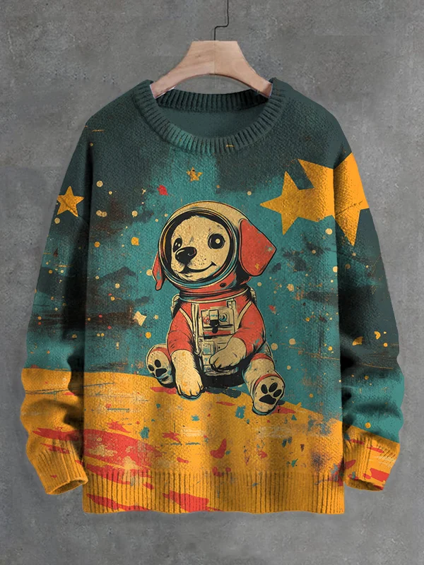 Men's Fantasy Space Puppy Dog Astronaut Art Print Knit Sweatshirt