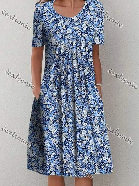 Women's Blue Short Sleeve Scoop Neck Graphic Floral Printed Midi Dress