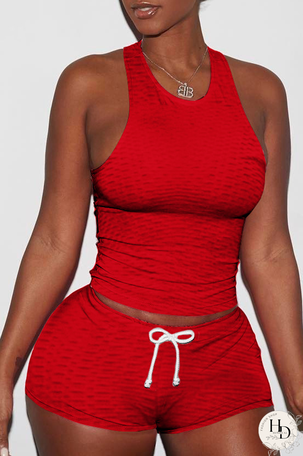 Pink Sexy Solid Backless O Neck Sleeveless Two Pieces