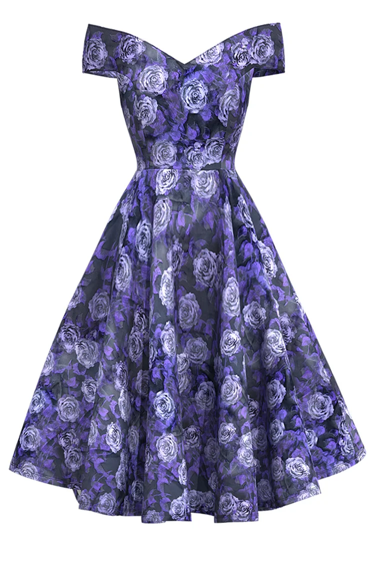 1950s Purple Party Off The Shoulder Rose Jacquard Flare Swing Midi Dress [In Stock]