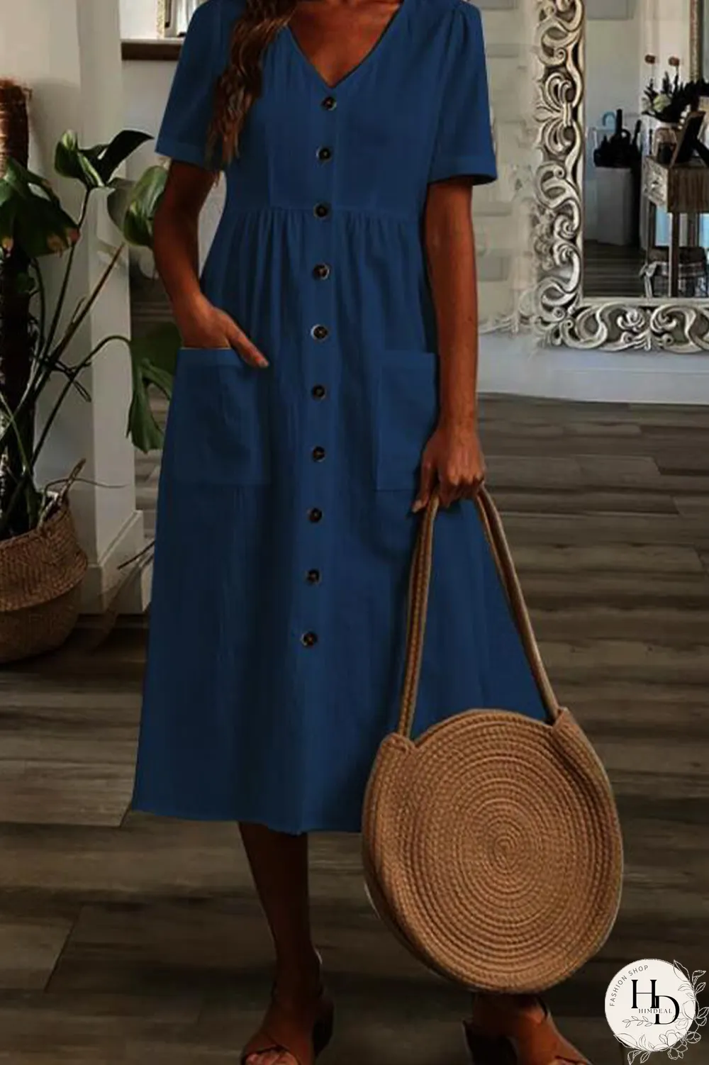 Casual Solid Buckle V Neck Cake Skirt Dresses