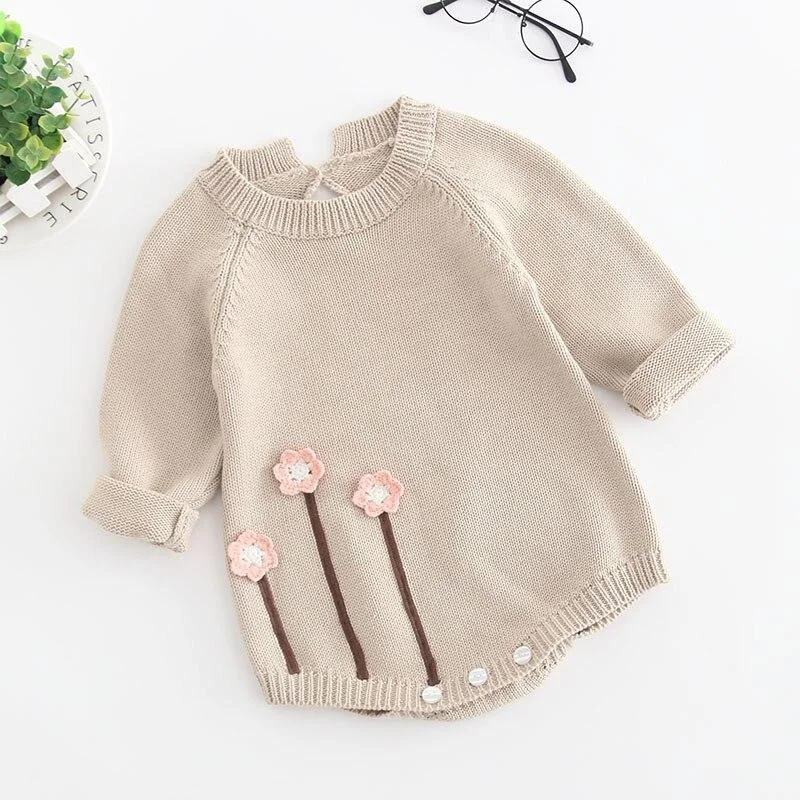 Baby Girls Knitted Bodysuit 2021 Spring Infant Newborn Long Sleeve Solid Ruffled Jumpsuit Outfit Set Baby Spring Autumn Clothing