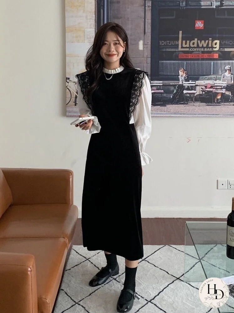 Joskka French Vintage Velvet Dress Korean Style Lace Patchwork Elegant Party Dress Female Long Sleeve Midi Dress Fall Outfits