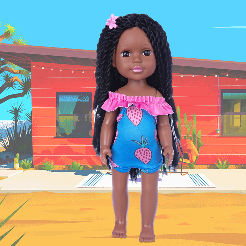 14in Silicone brown skin dolls with long hair doll has everyday clothes