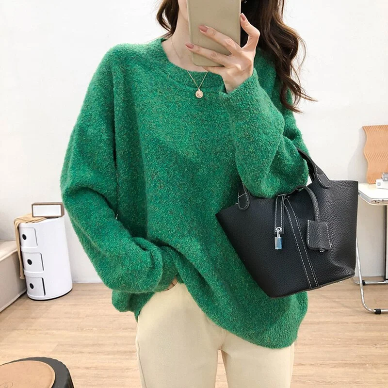 Autumn and winter women's sweater casual solid color round neck long sleeve loose sweater