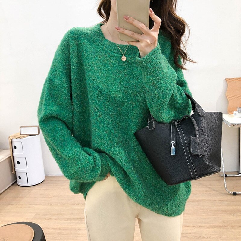 Autumn and winter women's sweater casual solid color round neck long sleeve loose sweater