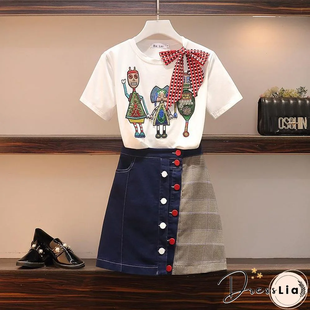 Cute Cartoon T-shirt +Denim Skirt P11150