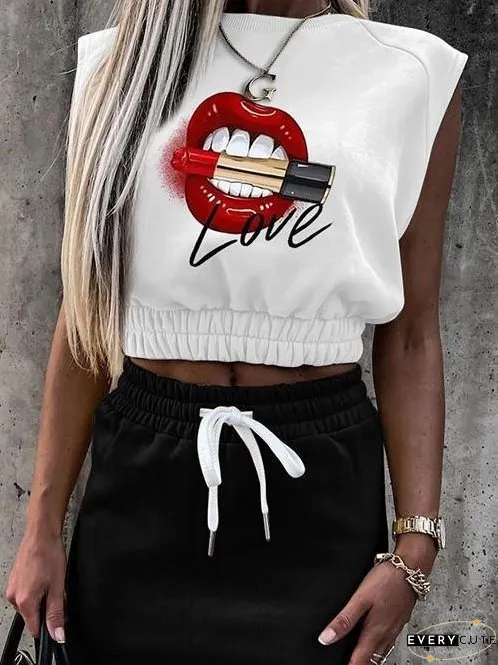 Casual Printed Sleeveless Drawstring Skirt Suit for Women
