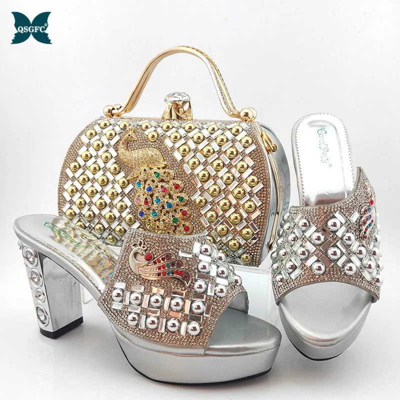 Pretty Italian Women Shoes and Bag Set with Shinning Crystal 2021 Summer High Quality Afrian Lady Shoes and Bag Set for Party