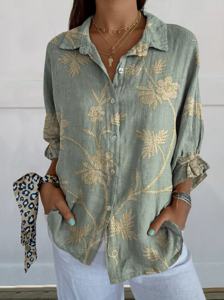 Women's Vintage Elegant Floral Art Print Casual Linen V-neck Shirt