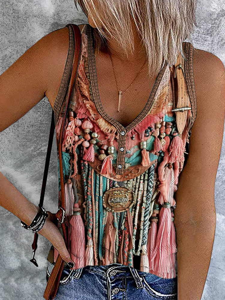 Comstylish Vintage Tassel Printed V-Neck Button Tank Top