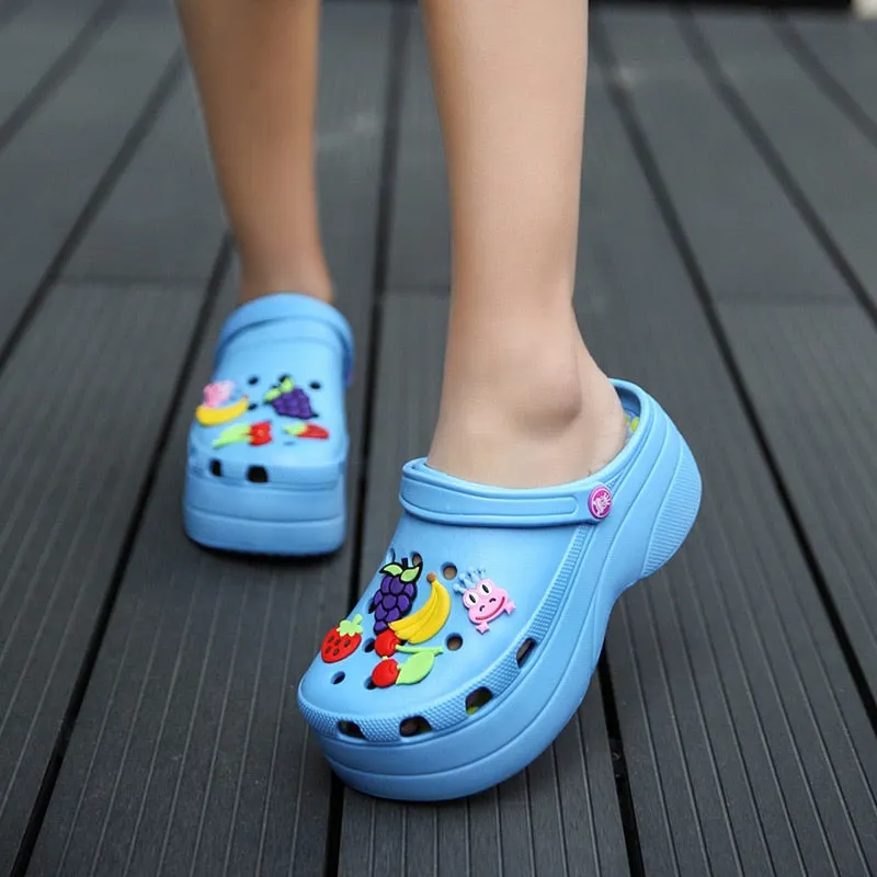 Summer Women Sandals Platform Garden Cartoon Fruit Slippers Slip on For Girl Beach Shoes Fashion Slides Outdoor Heels