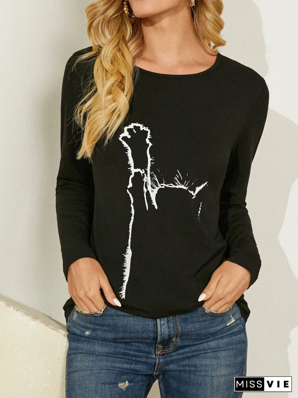 Cat Print Long Sleeves O-neck Casual T-shirt for Women