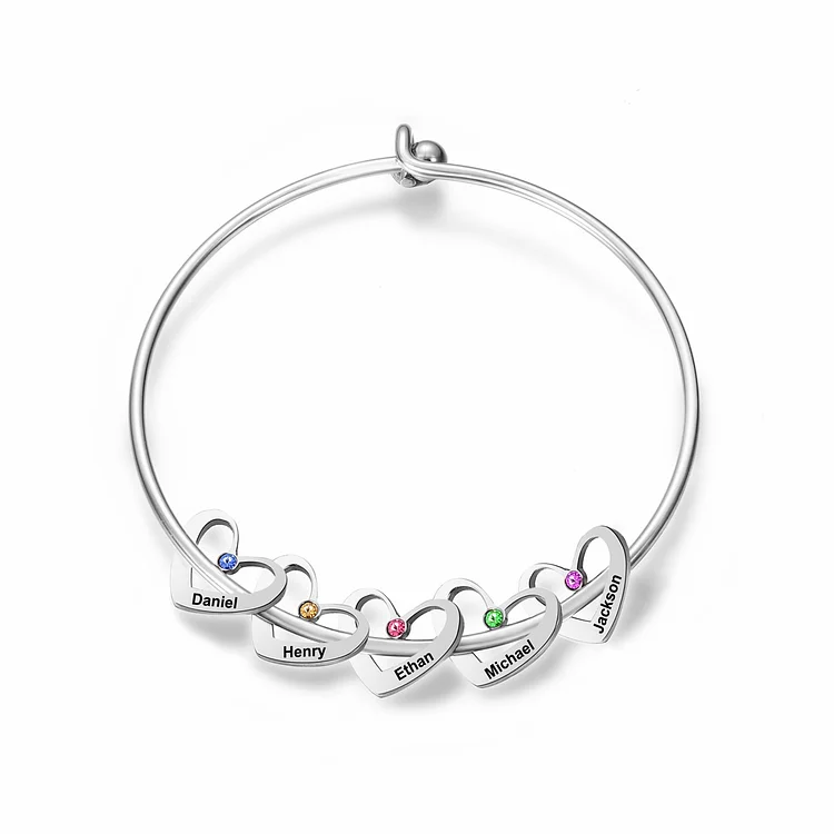 Personalized Heart Bangle With 5 Names and Birthstones Bangle Bracelet Mother's Day Gifts For women