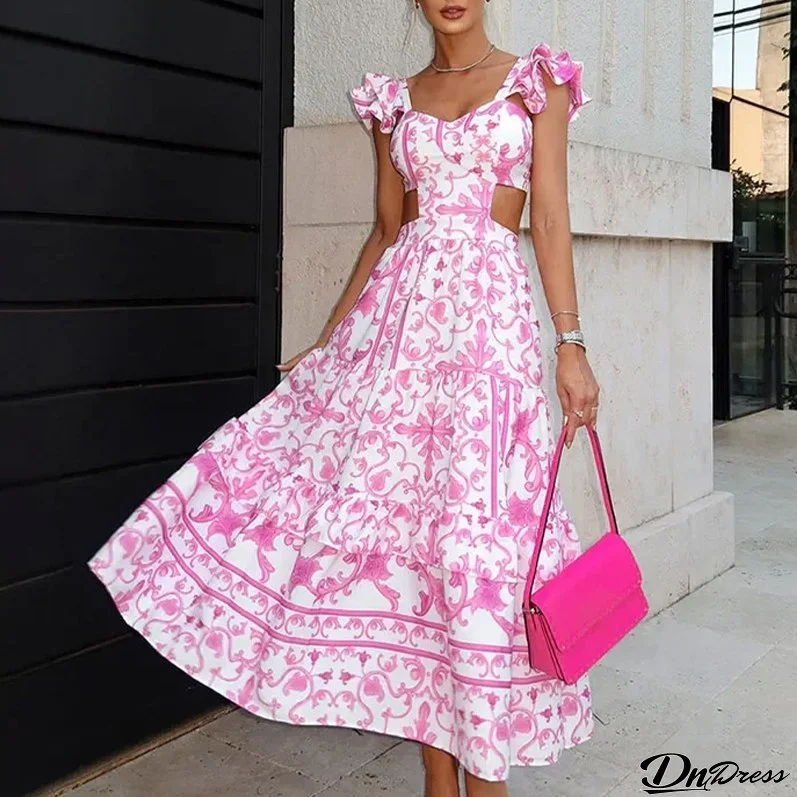 Women Summer Pad Shoulder Print Elegant Hollow Maxi Dress