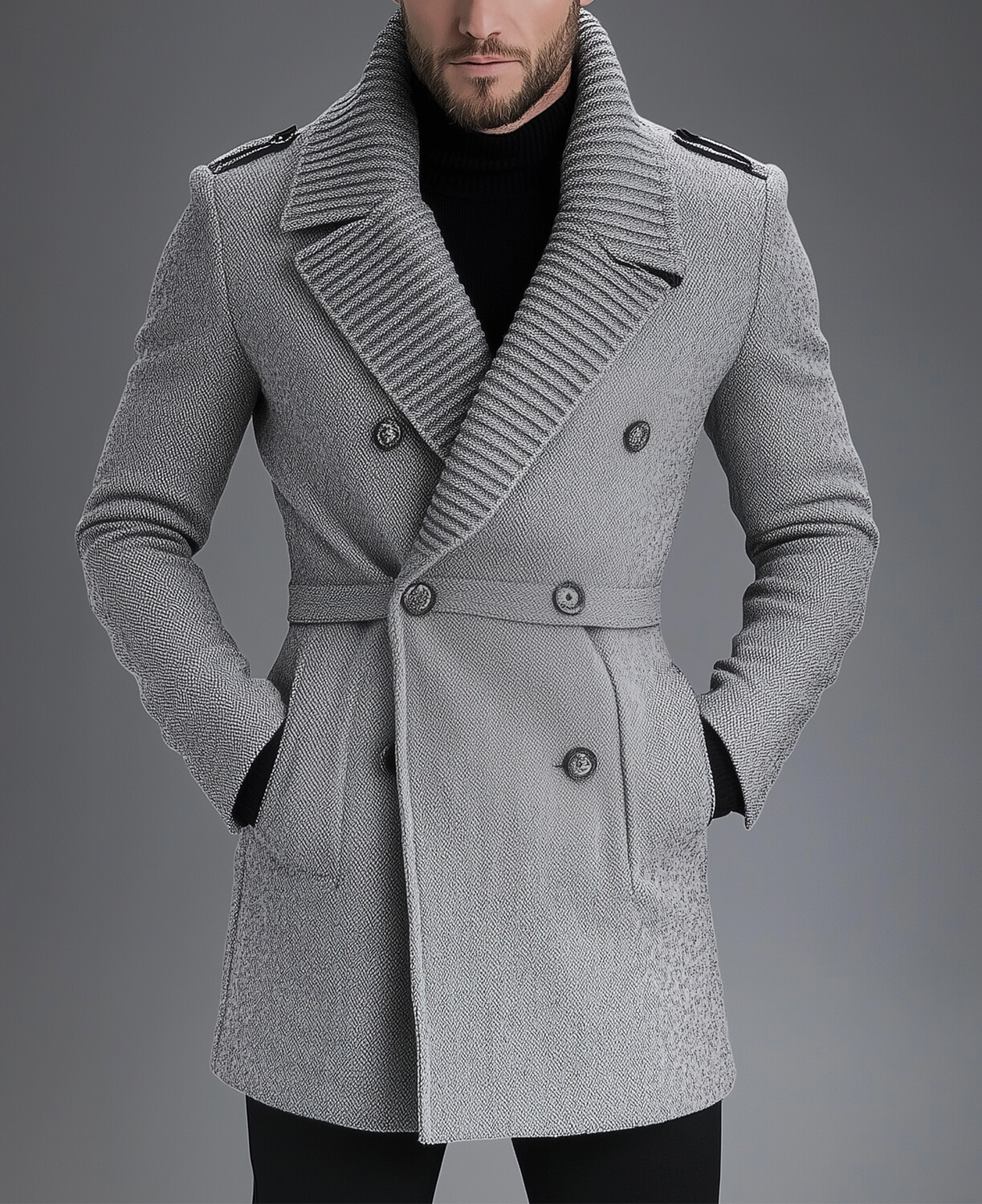 Okaywear Knit Lapel Collar Long Sleeve Double Breasted Trench Coat