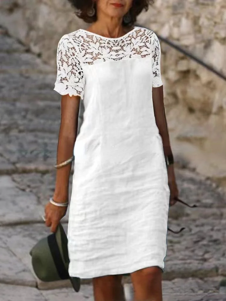 Lace Panel Round Neck Solid Cotton Women's Dress