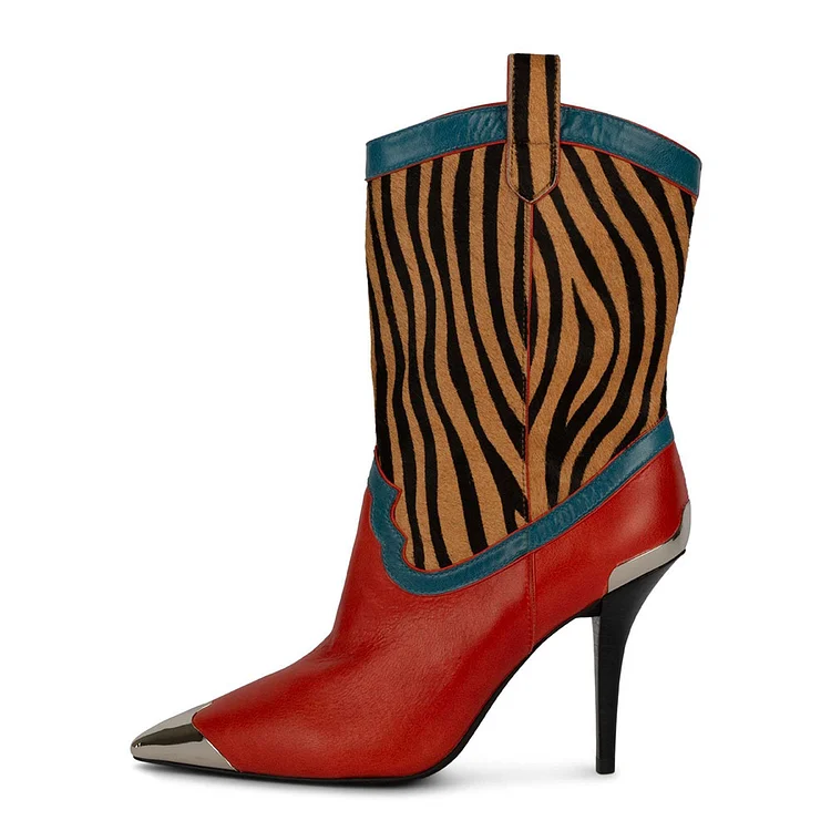 Red Stiletto Brown Zebra Print Mid-Calf Western Boots for Women |FSJ Shoes