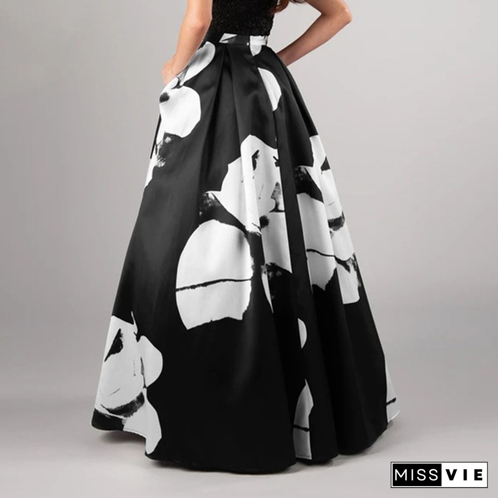 Women Floral Print Maxi Skirt Swing Dress High Waist Party Casual Umbrella Long Skirts Plus Size