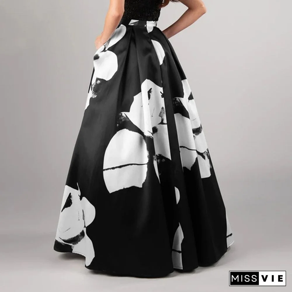 Women Floral Print Maxi Skirt Swing Dress High Waist Party Casual Umbrella Long Skirts Plus Size