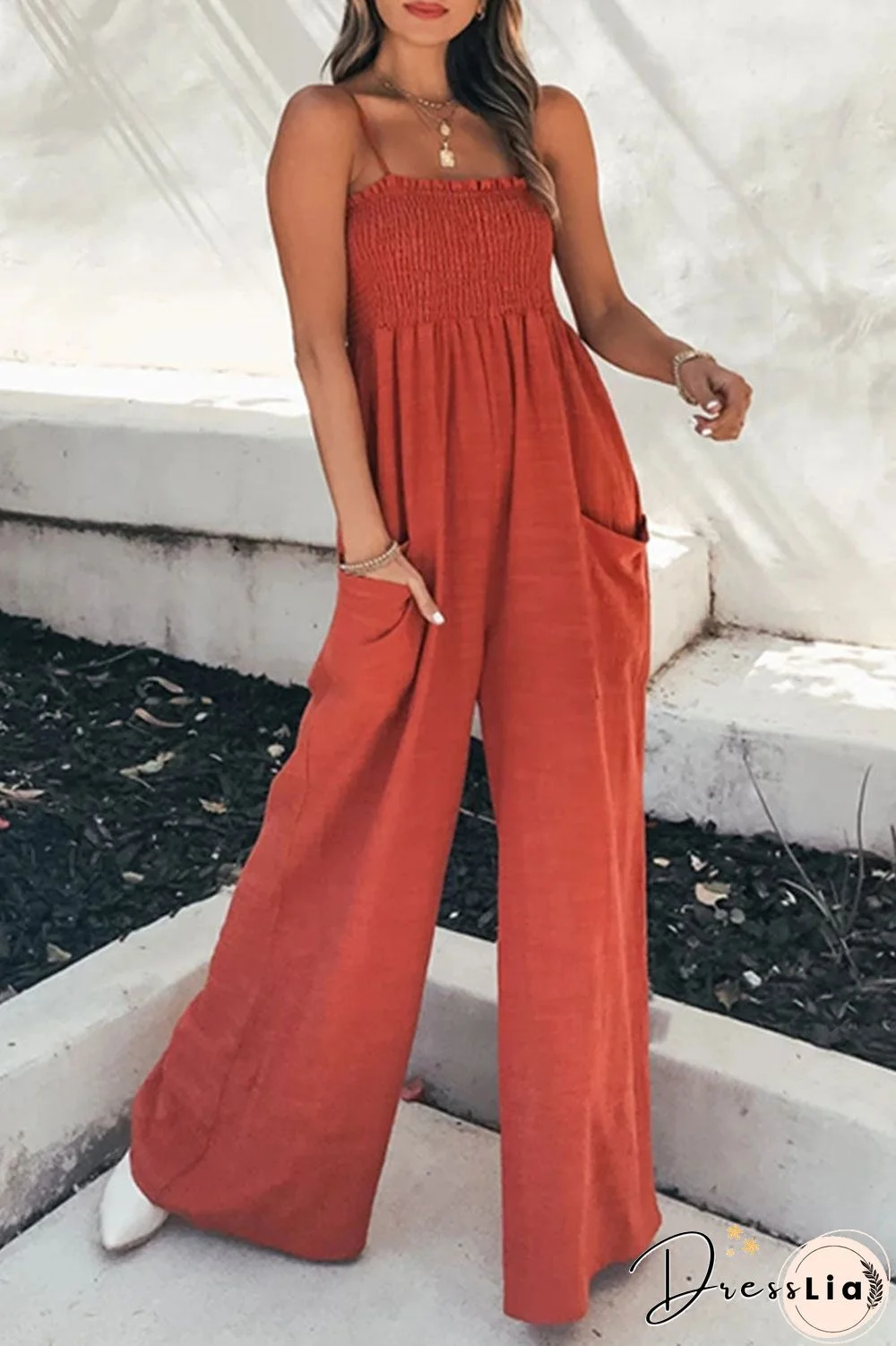 Fashion Casual Solid Split Joint Spaghetti Strap Loose Jumpsuits