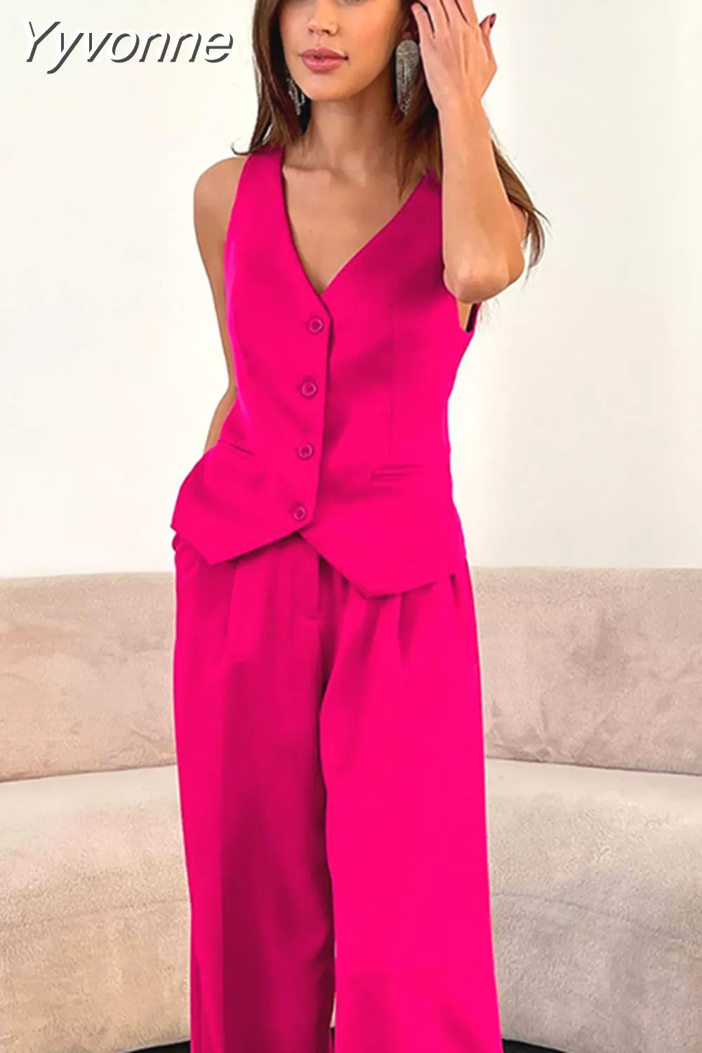 Two-Piece Set with Sleeveless Button-Up Vest and Wide-Leg Trousers - Brown main image 1