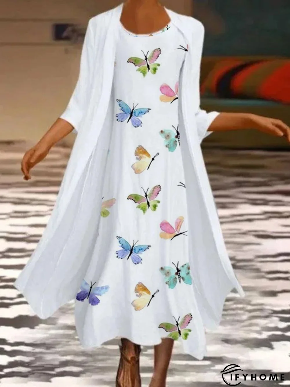 Casual Butterfly Sleeveless Round Neck Printed Dress With Three Quarter Coat | IFYHOME