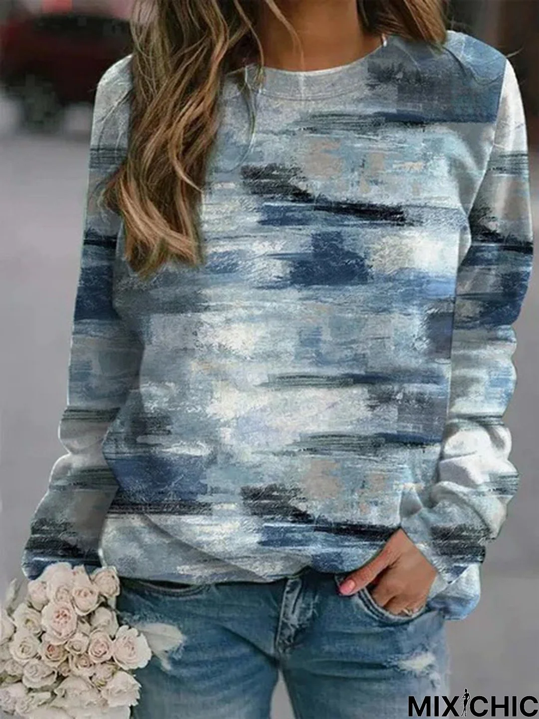 Blue Art Printed Casual Loosen Sweatshirt