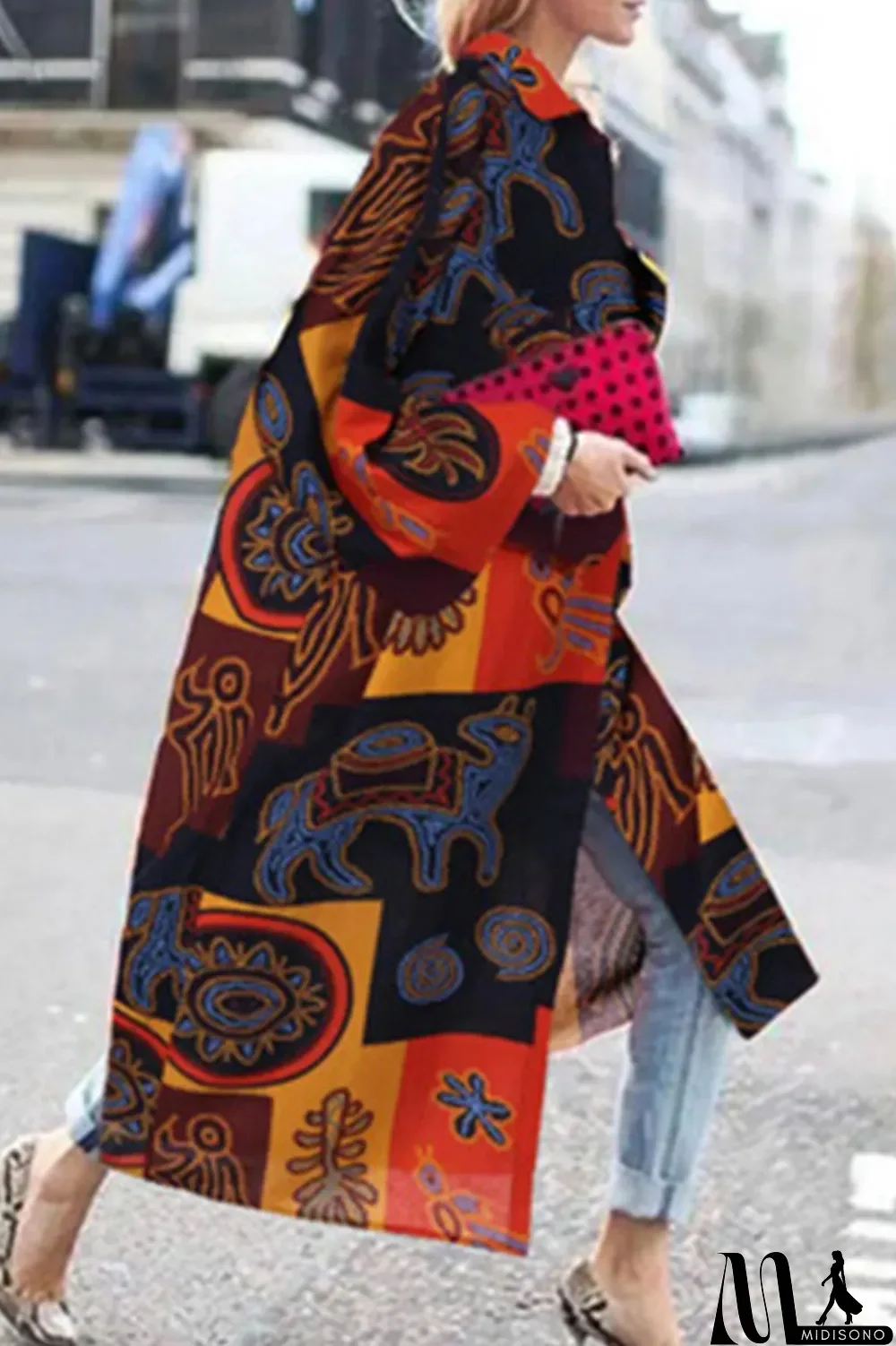 MidiSono - Yellow Blue Street Camouflage Print Patchwork Turndown Collar Outerwear