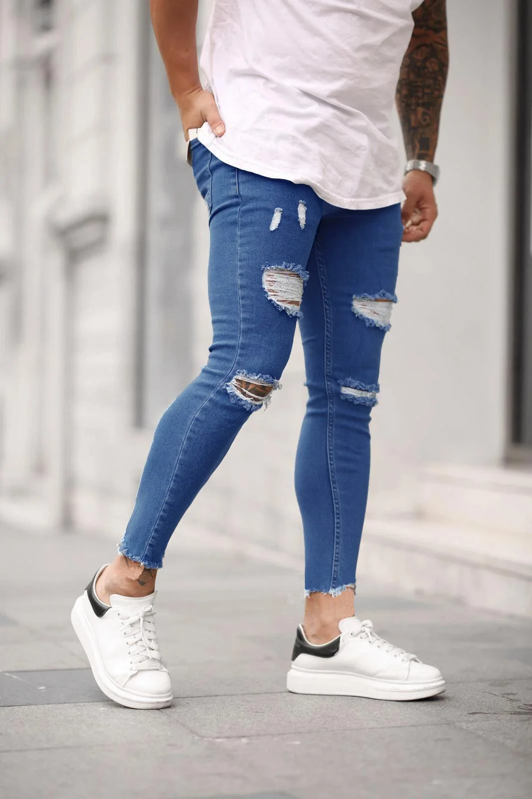 Men's Ripped Stretch Skinny Skinny Jeans Ripped Cropped Pants