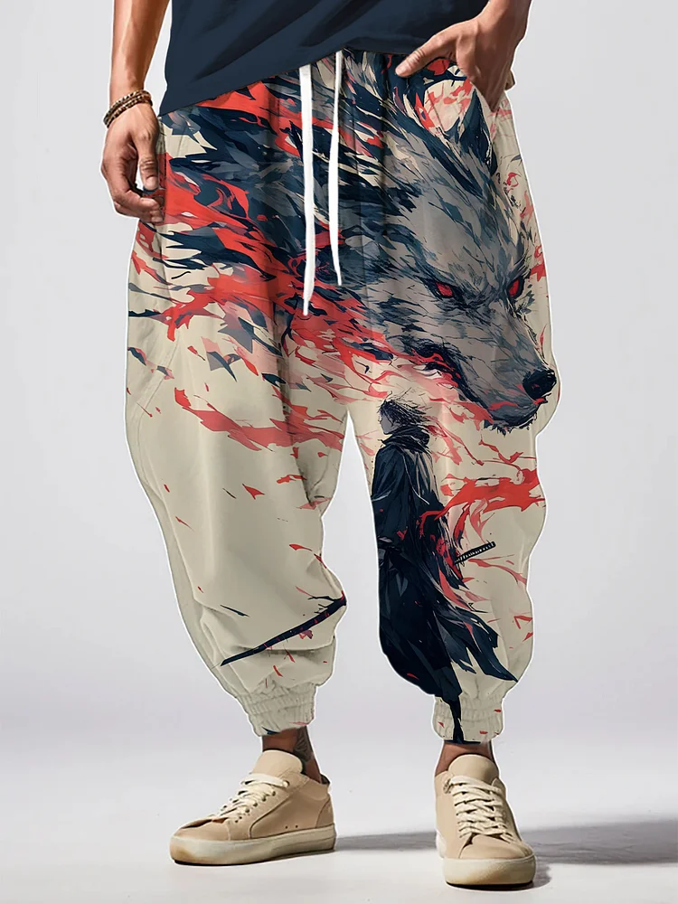Men's Samurai And Mythical Beasts Japanese Art Print Loose Drawstring Waist Sweatpants