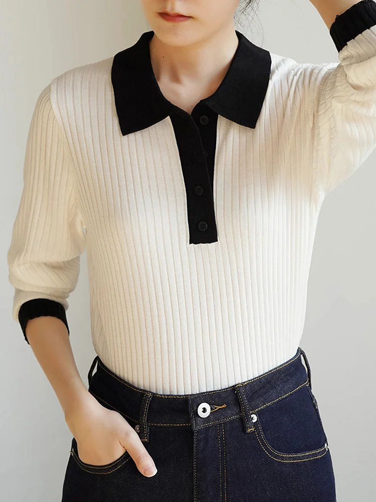 Jessica Retro Contrast Color Slim Knitted Sweater-Apricot