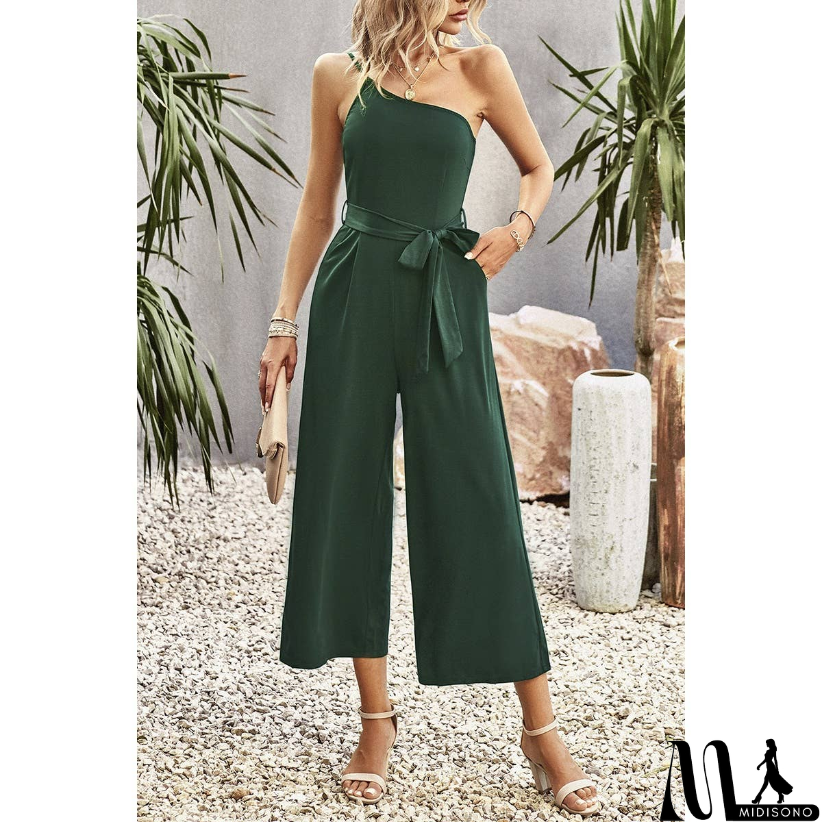 MidiSono - One Shoulder Belt Knot High Waist Jumpsuit