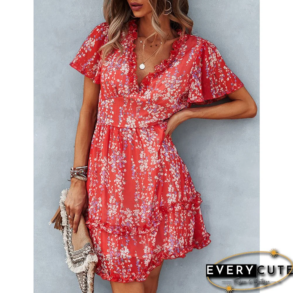 Red Floral Print Layered V Neck Mini Dress
