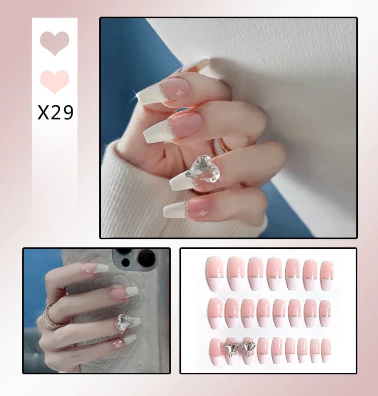 Aurora Transparent Fake Nails Tips for Finger Wear Crystal Ice Clear Butterfly Press on Nails Long Bow Ballet Diamond False Nail-Nail Inspo