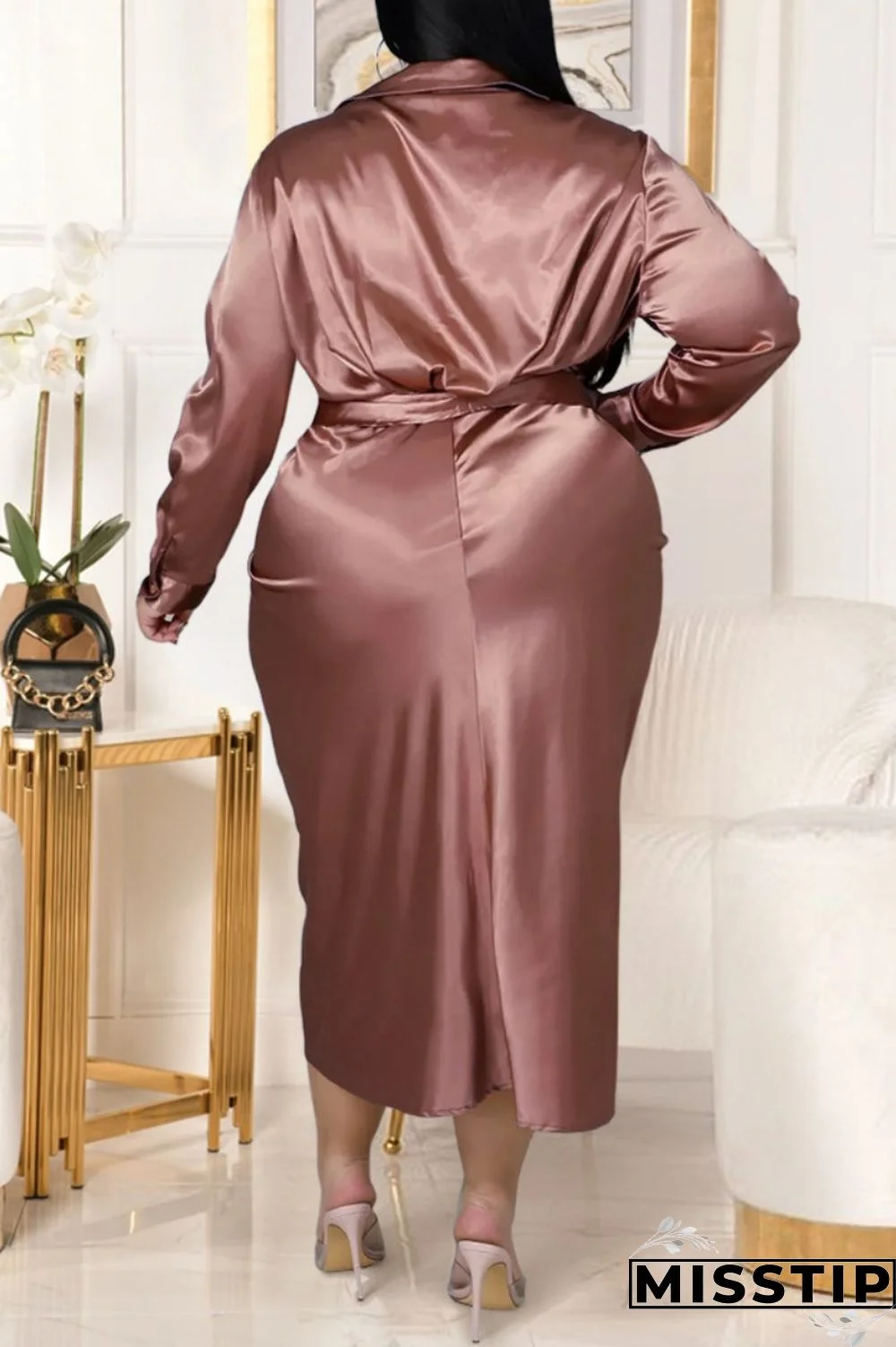 Black Fashion Casual Solid With Belt Turndown Collar Long Sleeve Plus Size Dresses