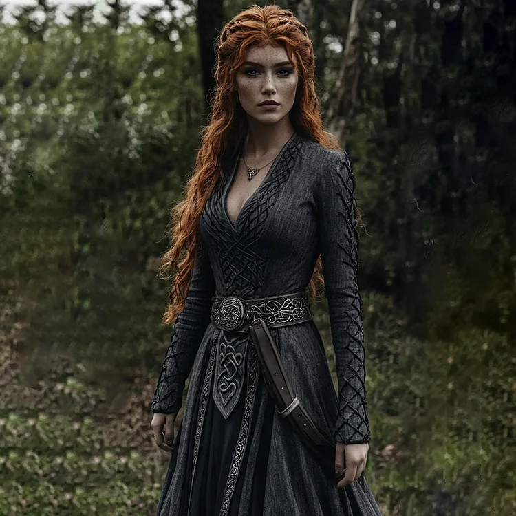 Women&lsquo;s Vintage Viking Celtic Knot V Neck Mixi Dress