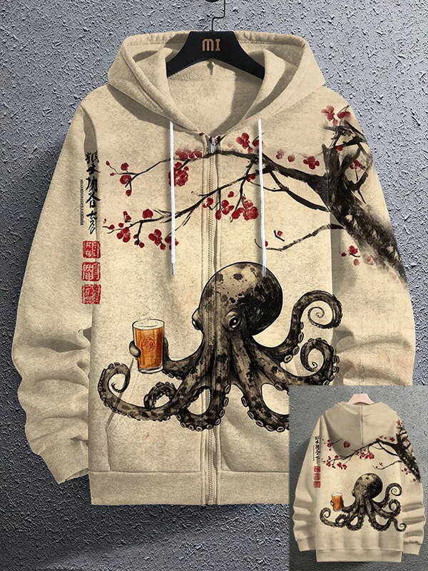 Men's Retro Japanese Octopus Drinking Beer Print Hooded Zip Up Jacket