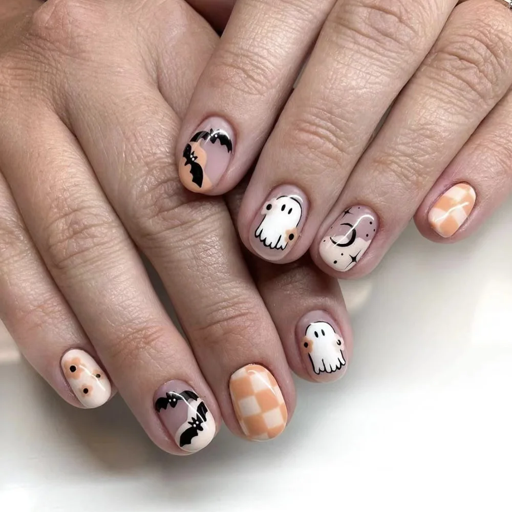 Churchf Churchf Short Square Nail Checkerboard Bat Small Ghost Halloween Element Fake Nails Finished Wear Nail Holiday Nail